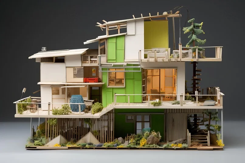 Eco-friendly house model incorporating sustainable designs and biodegradable materials.