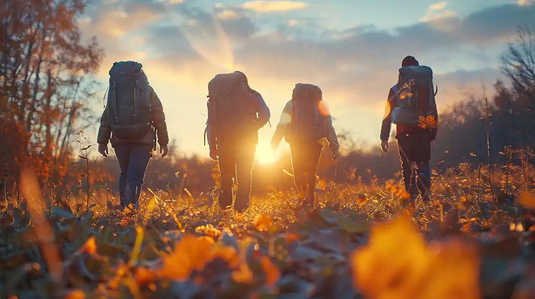 A group of people rucking through a field during sunrise, emphasizing the unity and endurance in early morning rucking sessions.