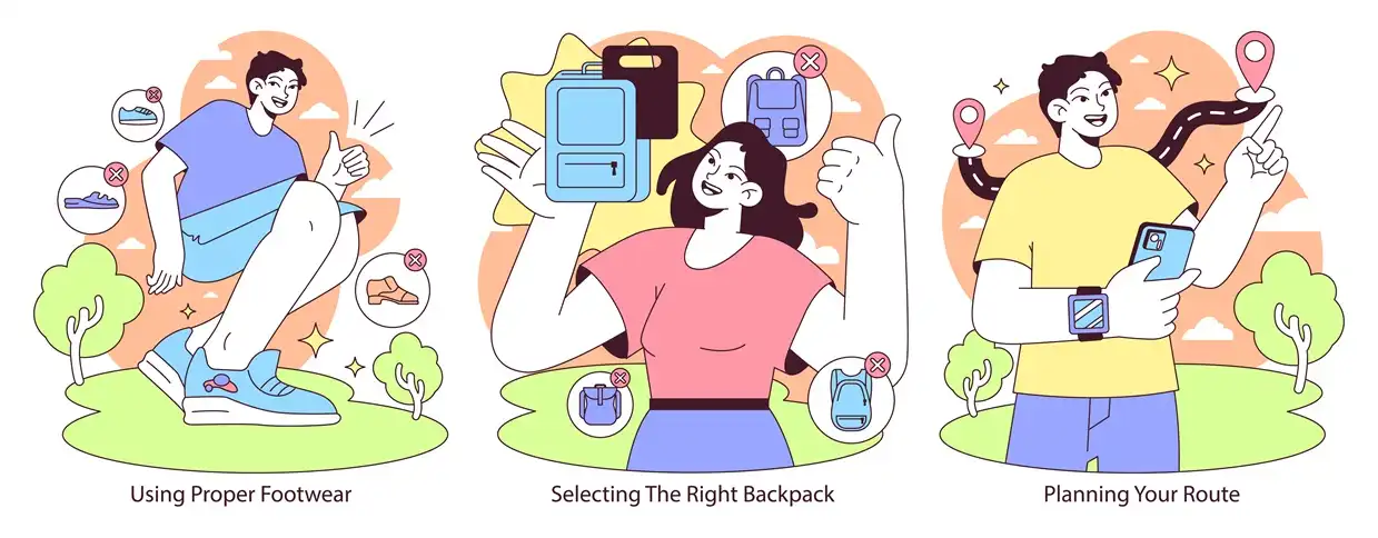 Illustration of proper footwear, selecting the right backpack, and planning a route for safe and effective rucking.