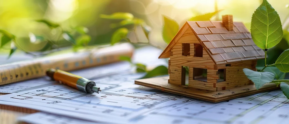 Architectural model of an eco-friendly house showcasing plans to switch to biodegradable materials.