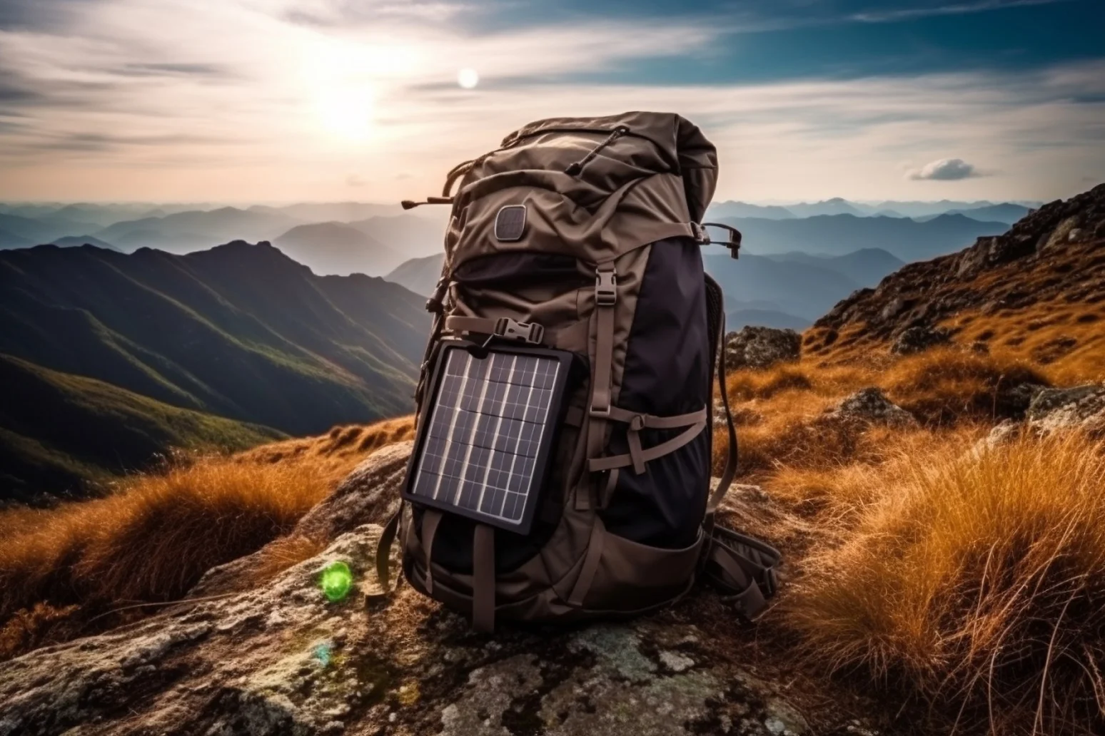 Backpack with solar panel on mountain terrain at sunrise