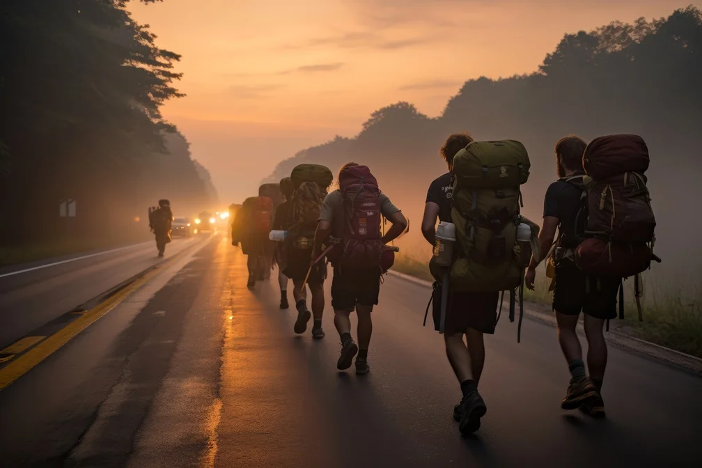 A group of people rucking with large backpacks along a misty road at sunset, showcasing endurance and camaraderie.