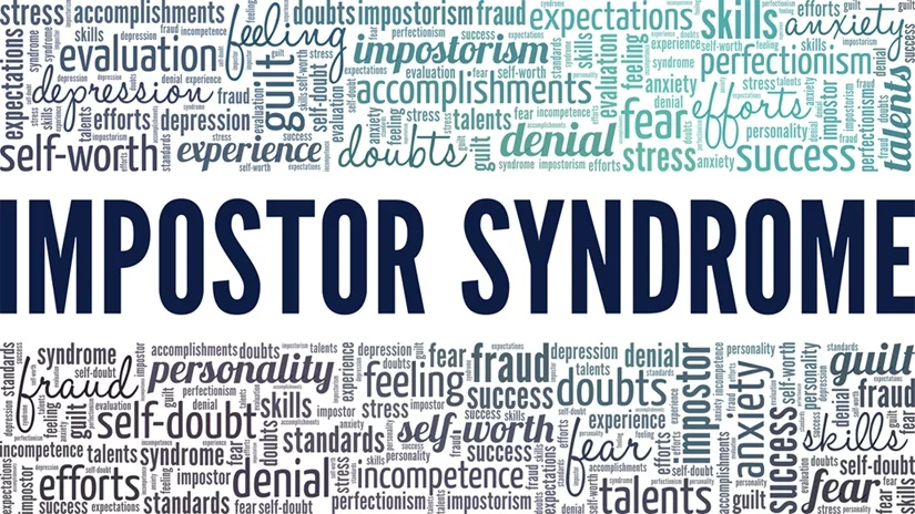 A word cloud centered on "Impostor Syndrome," surrounded by related terms like self-doubt, fear, anxiety, and fraudulence.