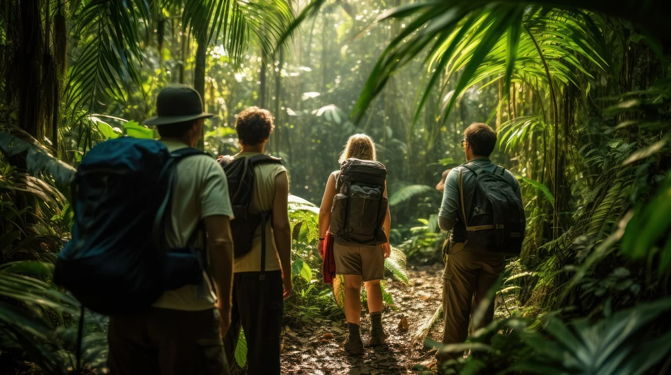 Group of hikers trekking through a dense tropical forest