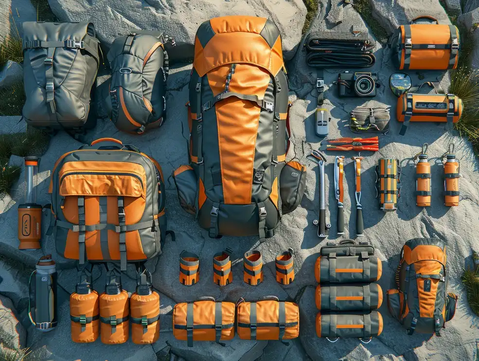 A meticulously organized layout of rucking gear, including backpacks, hydration packs, tools, and other essential equipment.