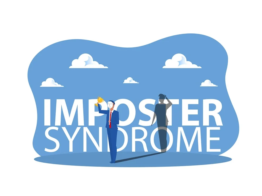 A man holding a trophy stands confidently in front of the words "Imposter Syndrome," while his shadow reveals doubt, symbolizing the internal struggle of self-doubt despite success.