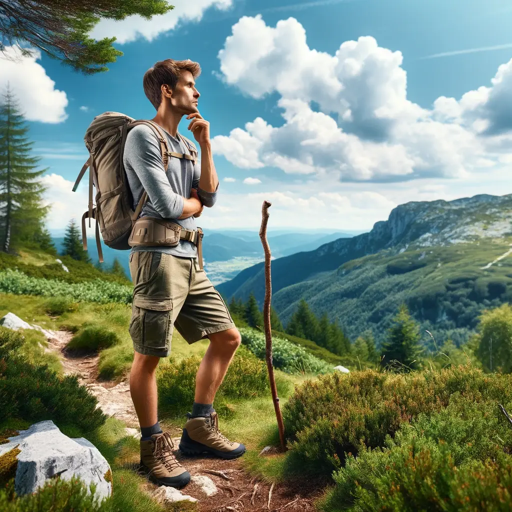 A hiker pondering the essence of hiking during a scenic mountain hike