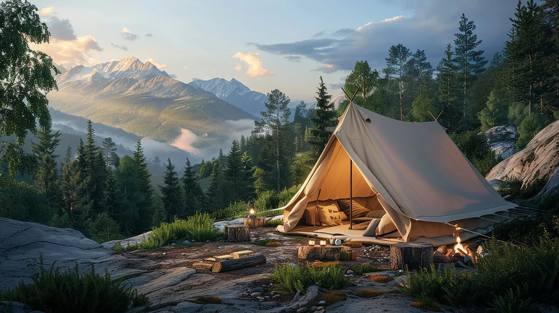 Cozy camping tent setup in serene mountain forest at dusk