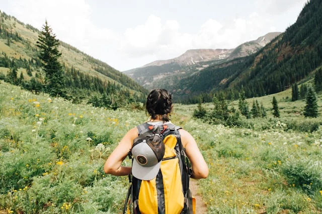 Backpacker with a yellow backpack standing in a wildflower meadow with mountains ahead, promoting eco-friendly hiking practices