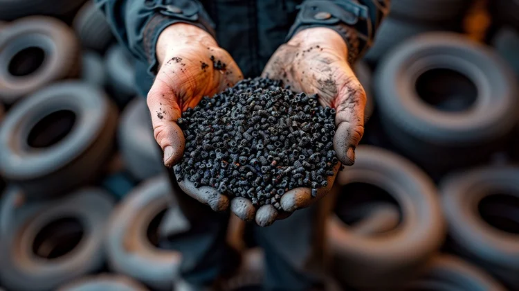 Hands holding recycled tire granules for eco-friendly repurposing of old tires.